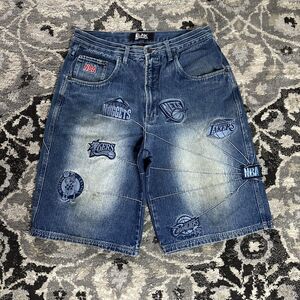 Vintage Y2K NBA UNK Denim Baggy Jean Shorts Embroidered Logo Patch Denim Size 34